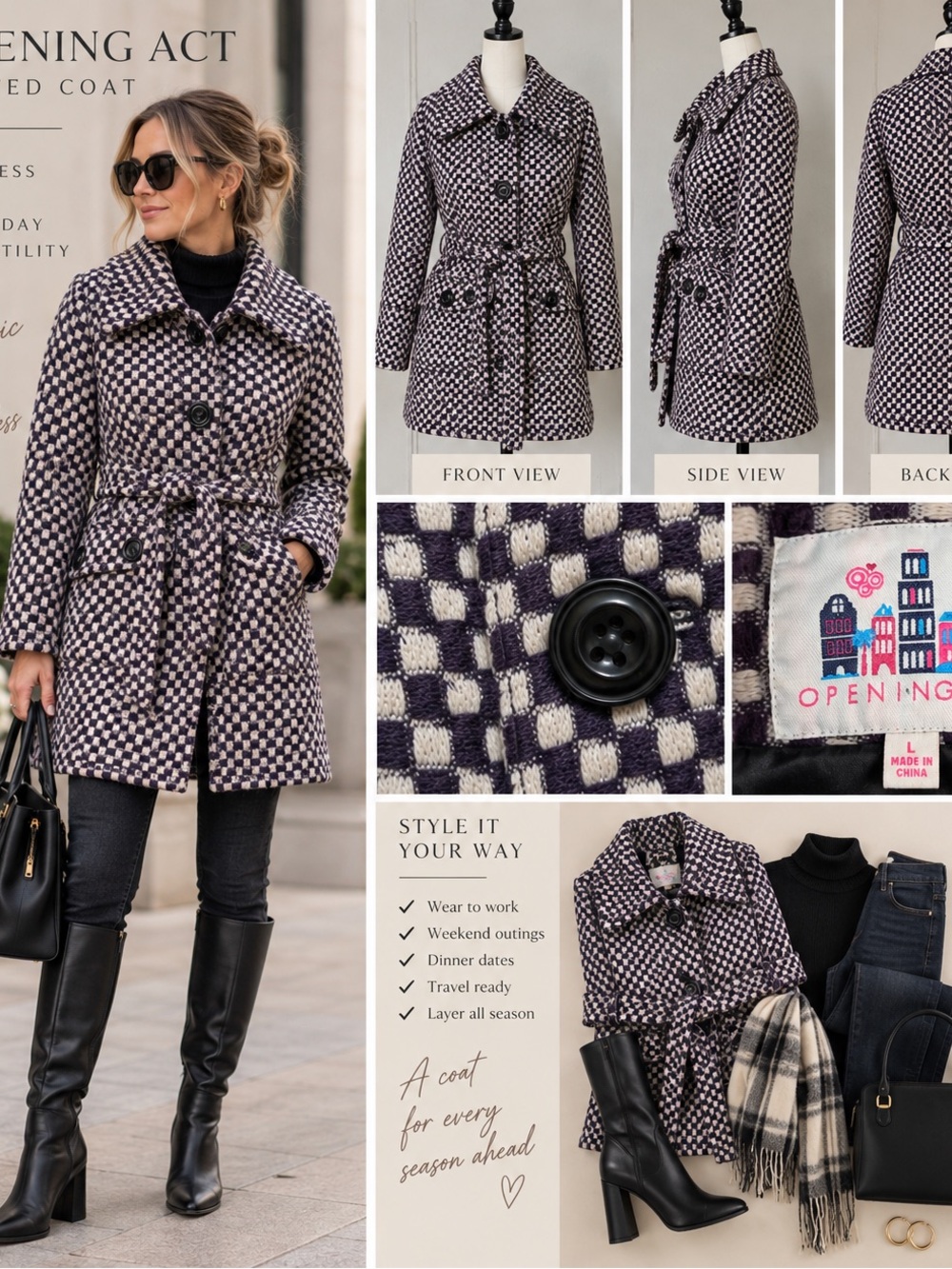 Opening Act Purple Ivory Checkered Tweed Belted Coat Size L